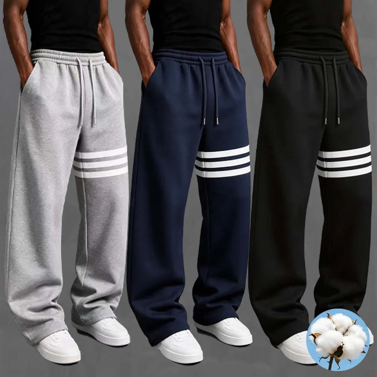 Men’s cotton athletic jogger sweatpants with three stripes, a loose athletic fit, an elastic waistband with drawstring, and side pockets—suitable for running, street style, and everyday casual workouts.