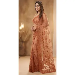 Net Pre-Draped Saree - Custom-Stitched with Thread Work Blouse