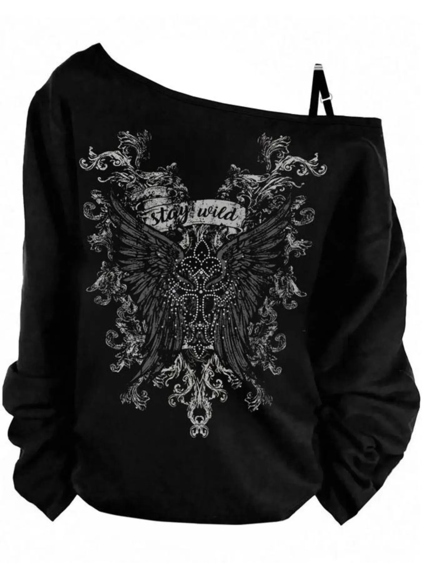 Gothic Vintage Y2K Style Women's T-Shirt, Asymmetrical Shoulder Design, Loose Fit, Summer Knit Top, Back Wing Print, Dark Luxurious Look, Strap