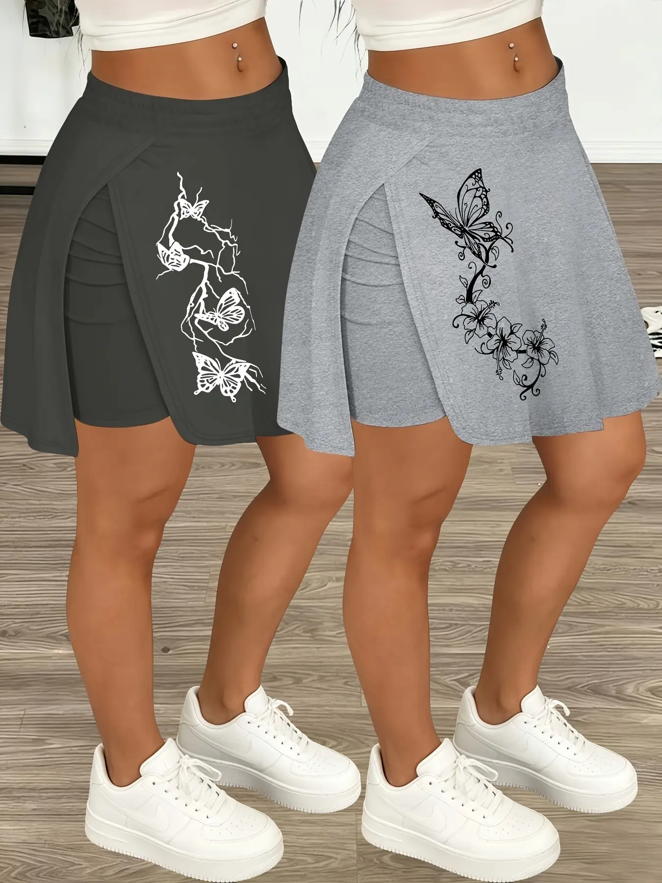 2026 Spring/Summer New Arrival Butterfly Totem Dark Style Western Girl Style (Y2K/Millennium Style, Athleisure) Two-Piece Skort, Butterfly Skorts Casual Sporty Skorts Daily Casual Sport Solid Color Women's Bottoms Multi-color Commuting Streetwear Slimming