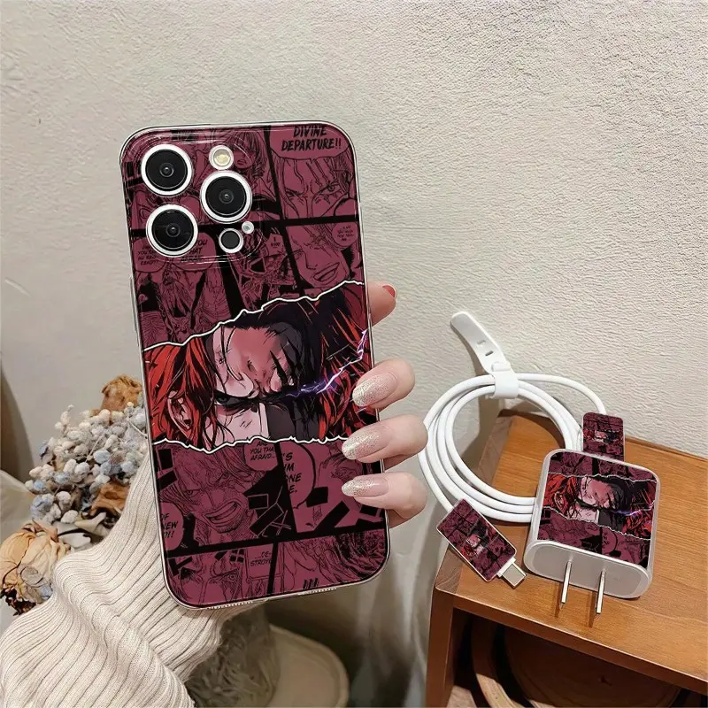 5 Piece Set Transparent Anime Shanks Cool Phone Case, Charger Head Cover, Cable Protector, Storage Rope, Anti-Drop Tpu Case for iPhone