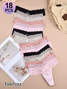 Todetana 18-piece Women's Lace Floral Thong Soft Breathable Low Waist Thong with Rhinestone Embellishment & "LOVE" Simple Letter Heart Pattern Elegant Underwear for Daily & Special Occasions Gift for Halloween & Christmas