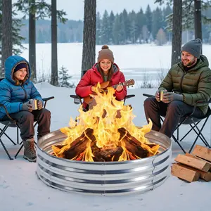 Round Fire Ring Pit Outdoor Camp Firepit, Heavy Duty Galvanized Steel Foldable Outside Wood Burning Bonfire Fire Pit Ring for Camping Backyard Garden Beach Yard Gatherings