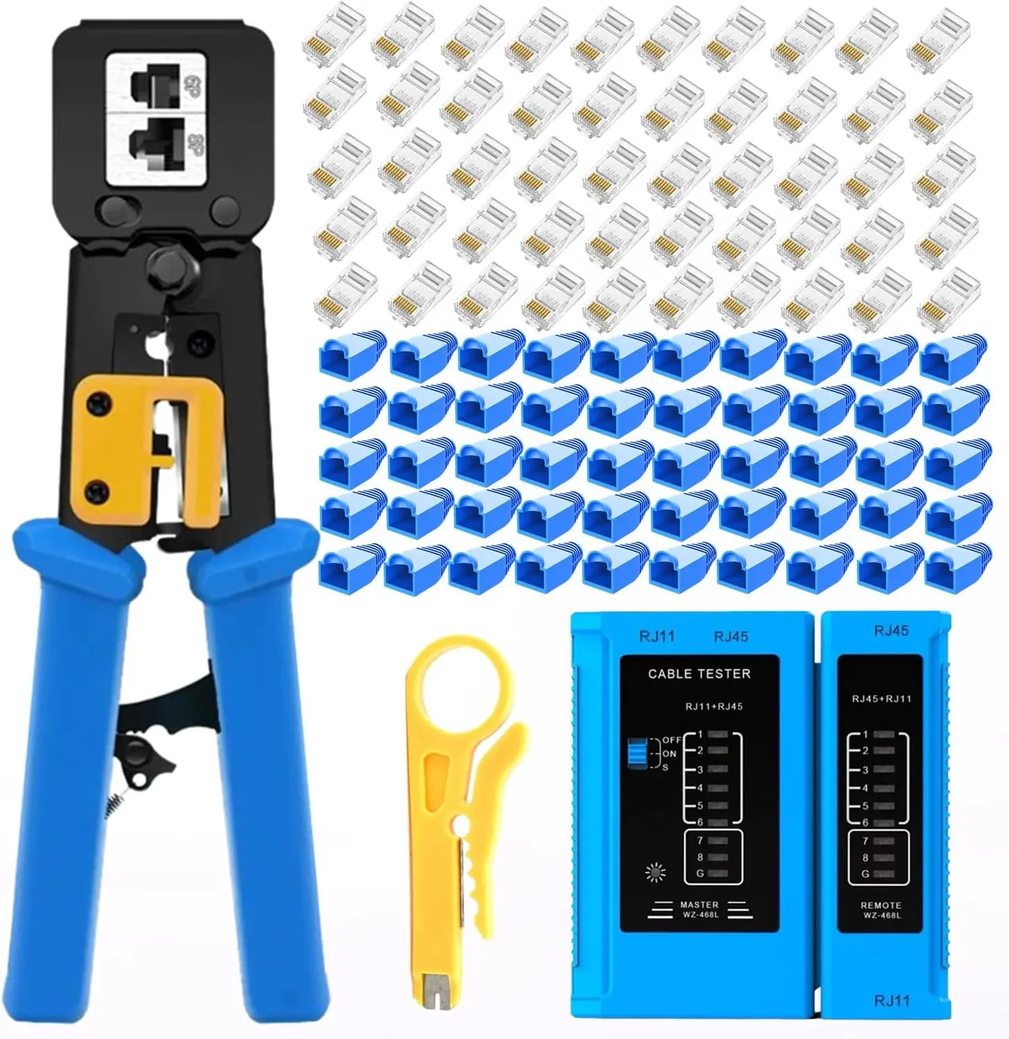 rj45 Crimping Tool for Cat6 Cat5e Cat5, Sturdy Crimper for rj45 rj12/11 Pass-Through Connectors with 50 count rj45 Cat5e Pass-Through Connectors, 50 count Covers, Wire Stripper; Network  Tester