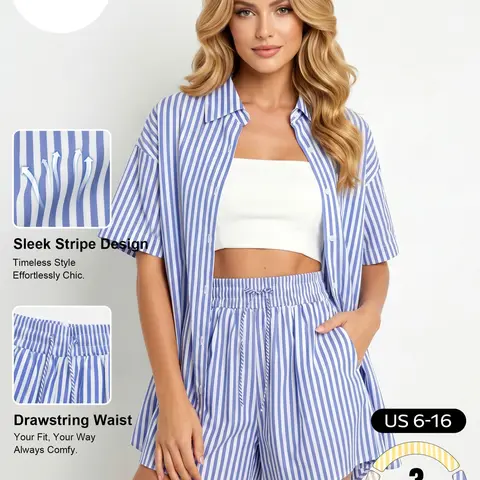 Katch Me Chic Women's Casual Color Matching Striped Long Sleeve Shirt & Drawstring Waist Shorts Loungewear Co-ord, Lightweight Loose Two-Piece Set, Skin-Friendly Womenswear