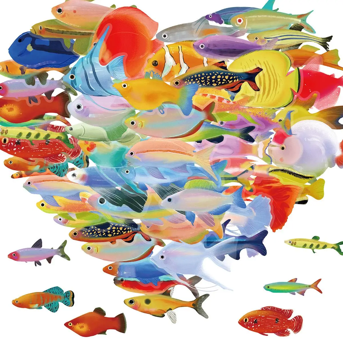 Fish Pattern Sticker, 50pcs/set Colorful Deep-sea Fish Pattern Sticker, Decorative Sticker for Water Bottle, Laptop, Guitar, Skateboard, Phone, Comput