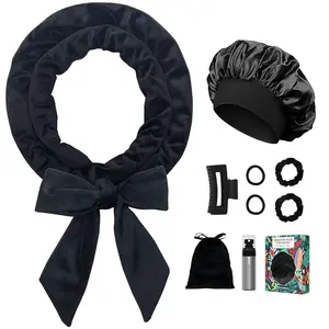 No Heat Hair Curlers Overnight Curls Headband - 70" Soft Ribbon Curl Wrap for Long Hair, 9 PCS Curling Rod Set with Bonnet - Black