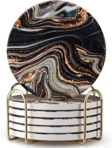 6 count Black and  Marble Coasters with Holder  Round Absorbent Coasters for Drinks, Coffee, , Table Marble Personalized Coaster Sets