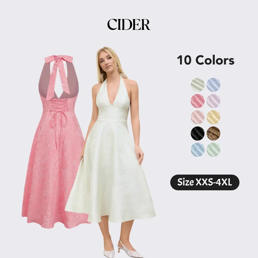 Cider Elegant Vacation Halter Neckline Dress for Wedding Guest, Sexy Floral Maxi Dresses, Ladies Jacquard Sundress, Summer Party Gowns, Lady Sun Dress SummerFinds