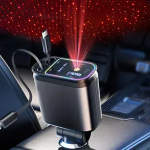 66w Car Charger with Starry Sky Projection Lamp, Dual Extensible Fast Charging Cable, USB PD Port, Vehicle Power Adapter, Compact Design