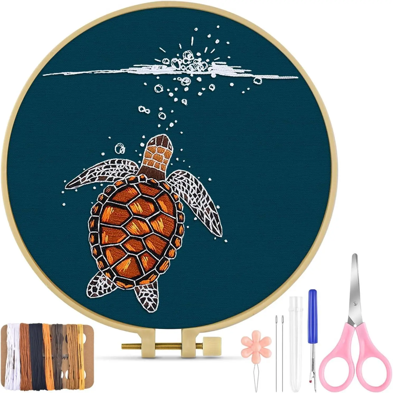 Embroidery Kit for Beginners Adult, Turtle Embroidery Practice Kit for Beginners Include Embroidery Cloth Hoops Threads for Craft Lover Hand Stitch with Embroidery Skill Techniques