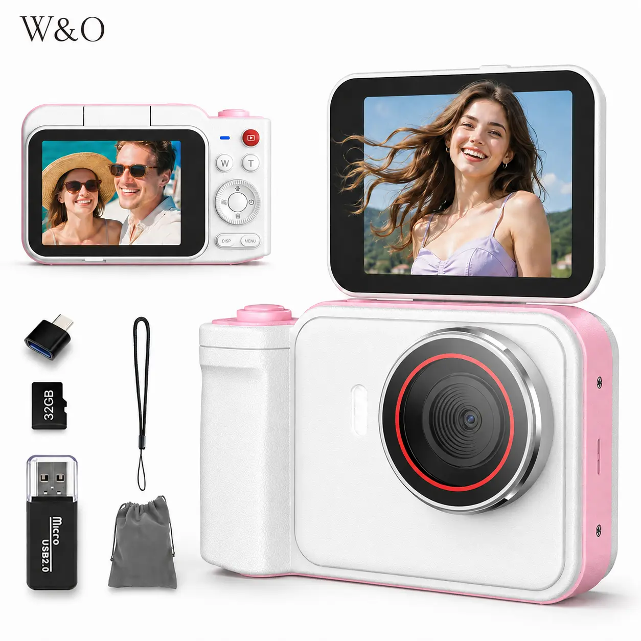 W&O 4K Digital Camera for Photography, Vlogging Camera with Fill Light, 180° Flip Screen, 16X Digital Zoom, 32GB Card, 48MP Compact Point and Shoot Camera for Students, Women and Beginners, Ideal Gift