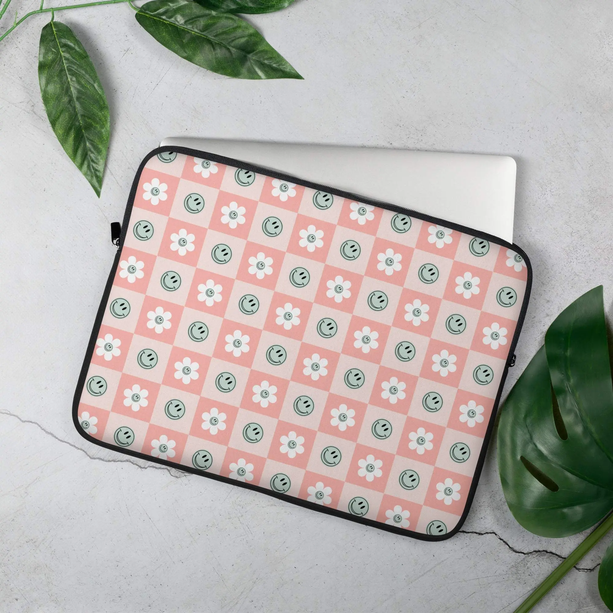 Laptop Sleeve Groovy Retro Checkered Smiley Face Flowers