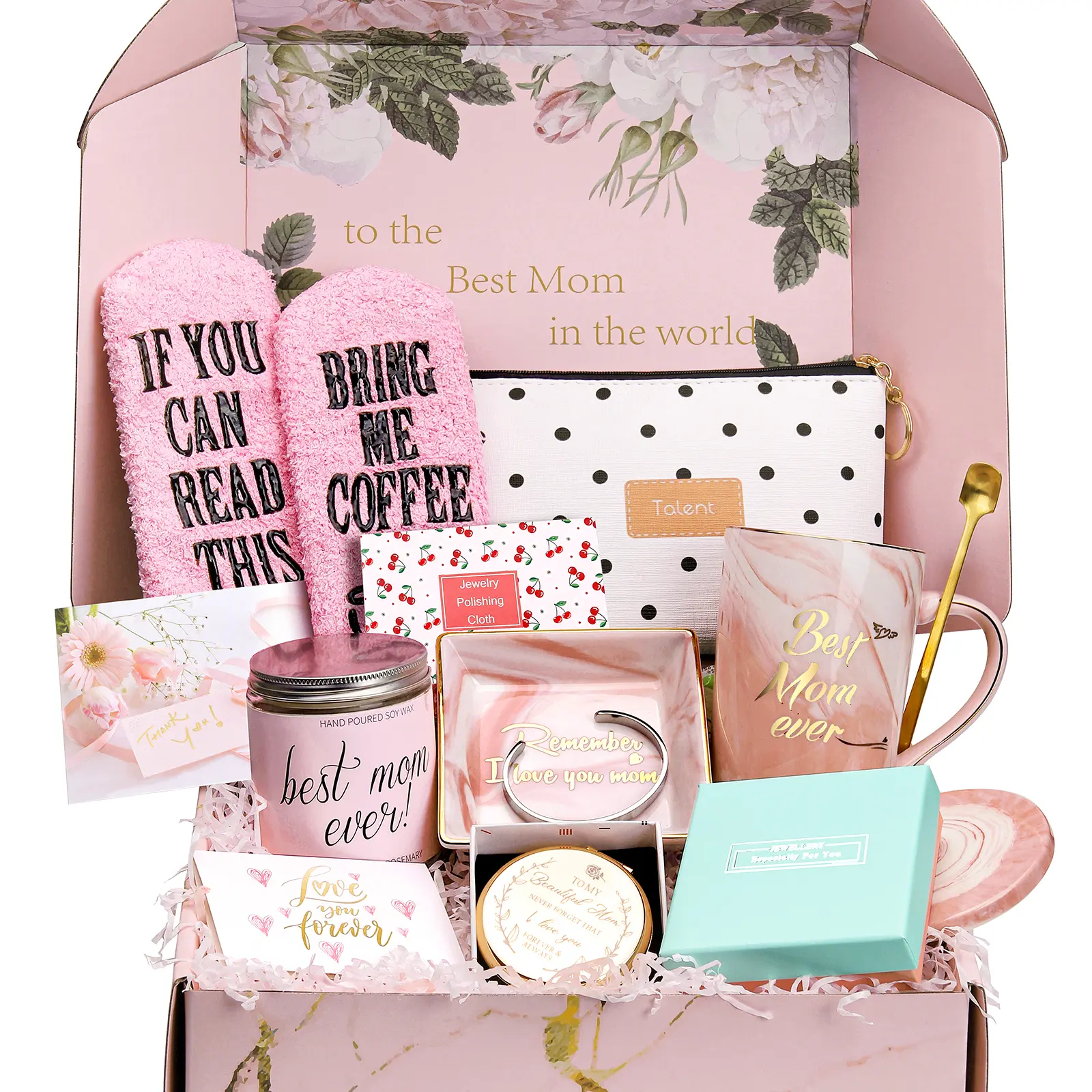 Gift Basket for Mom, Birthday Gifts for Best Mom, Women, Wife, Mother in Law, New Mom. Christmas, for Mothers Day-Includes Candle, Coffee Mug, Bracelet, Ring Dish,Coffee Socks