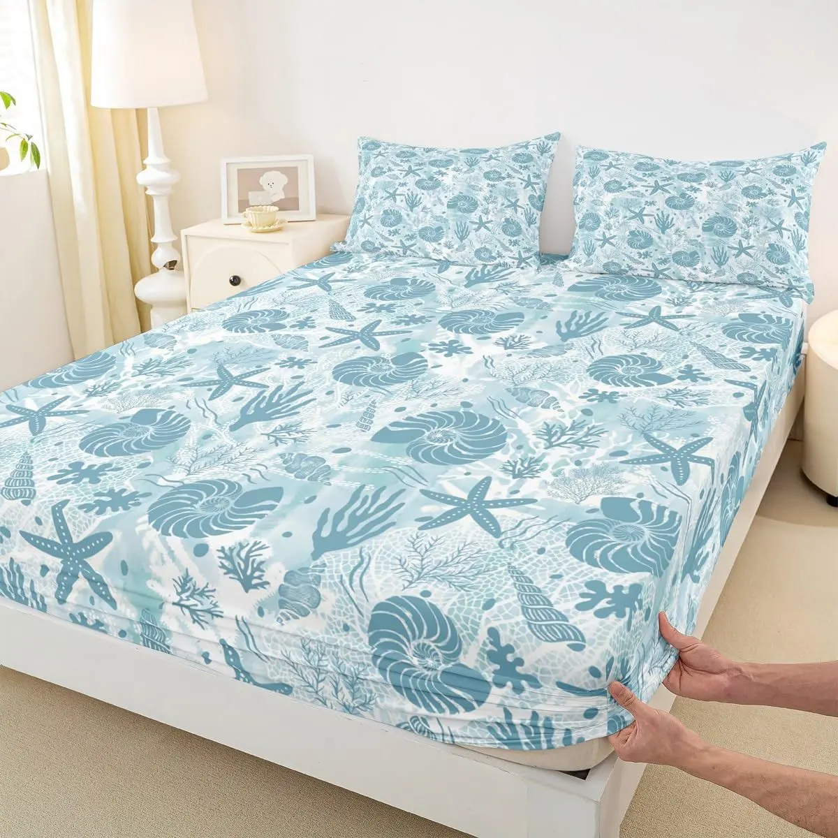 Seashell Conch Starfish Coral Fitted Sheet,Coastal Ocean Beach Bedding Set,Underwater Life Print Bed Sheet Navy Blue Tie Dye Deep Pocket Sheet Adult Bedroom Decor,back to school,back to school shopping,home decor