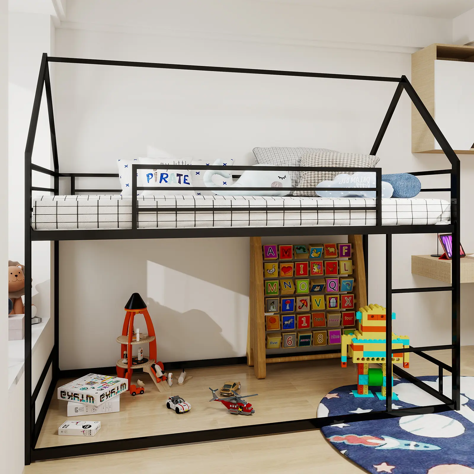 DONEXT Modern Metal Twin-over-Twin Bunk Bed - Heavy-Duty Frame, Noise-Reduced Design, 13" Safety Guardrail, 3-Step Ladder, No Box Spring Needed, 400 lbs Each, 63.93 lbs, 76.77" x 41.34" x 70.87", Assembly Required, Compact Black Indoor Space-Saving Bed