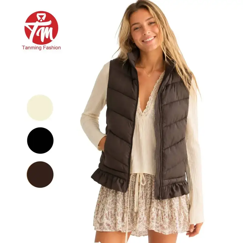 Tanming Womens Ruffle-Trim Puffer Vest -  Quilted Stand-Collar Sleeveless Layering Jacket Casual Outerwear Top - Fall Winter Spring Daily Casual Commute Office School Shopping Outdoor Travel Streetwear Outfits