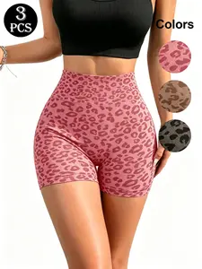 3pcs Women's Leopard Print High-Waist Abdomen-Control Sexy Shorts for Yoga and Daily Use, Athletic and Fashionable Ladies Shorts