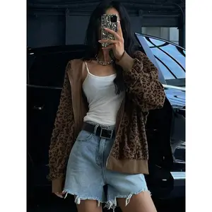 Women’s leopard-print hooded zip-up jacket, casual slim-fit autumn and winter jacket, drawstring design, thick gold fabric GARMENTARY