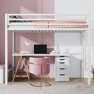Junior Loft Bed Twin Size, Heavy Duty Bed Frame With Full-Length Guardrail & Removable Stairs, Noise-Free, Space-Saving, No Box Spring Needed (Black/Aqua Blue/Cream White)