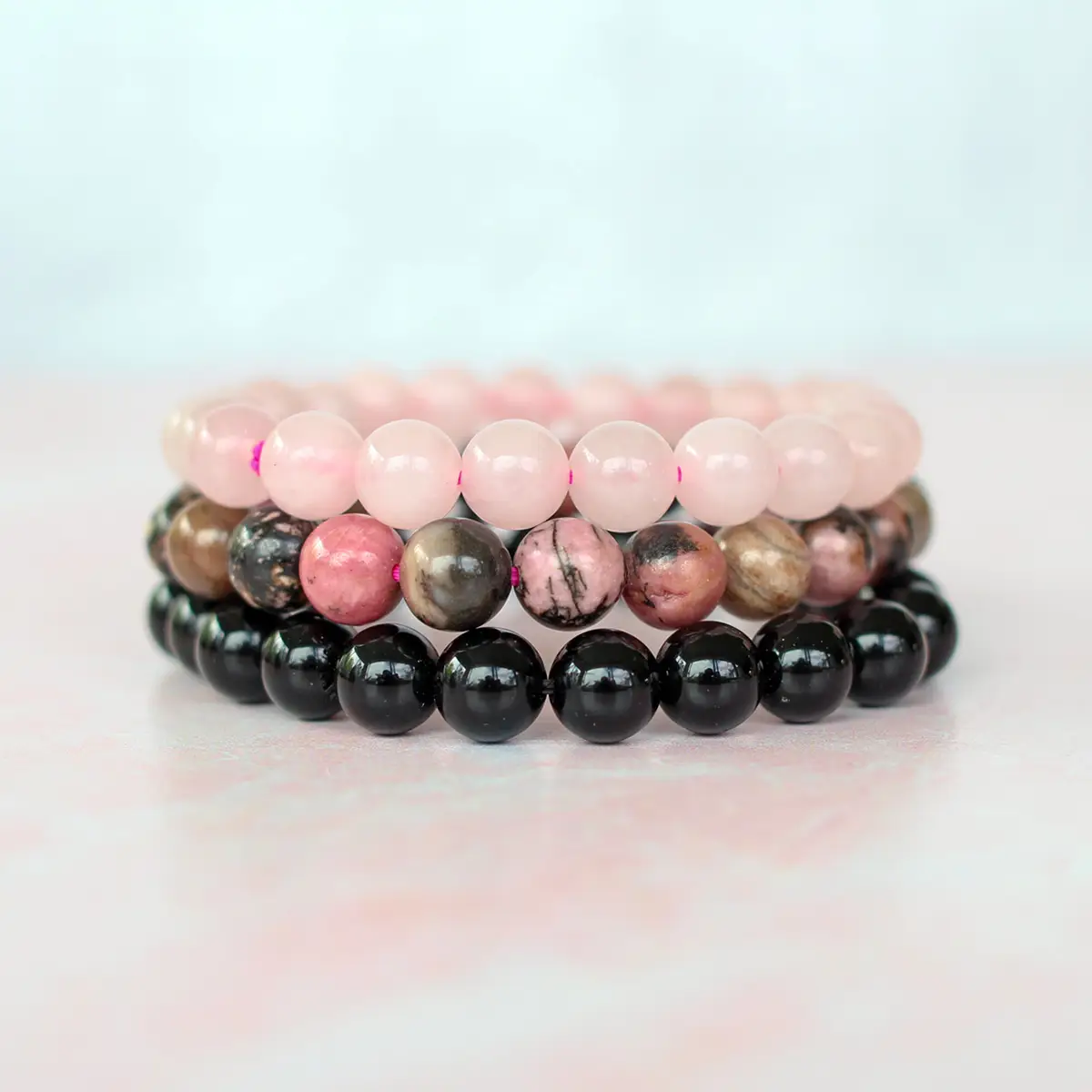 Stress Relief Crystal Bracelet Set | Black Obsidian, Rhodonite, and Rose Quartz
