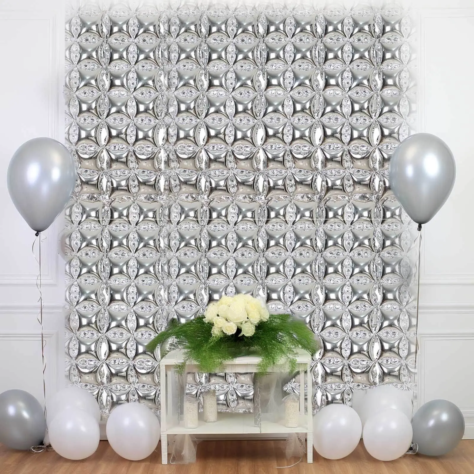 10-Pack Metallic Silver Double Row Mylar Foil Balloon Backdrop - Square Diamond Design Balloon Wall, 43"x11", for Graduation, Holiday, Birthday Party