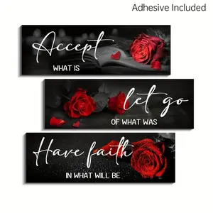 Red 3pcs Wooden Rose Wall Decor - Wall Decoration - Inspirational Quote 'Let Go, Trust' - Farmhouse Style Wall Art for Bathroom, Living Room, Bedroom - Perfect Valentine’s Day Gift - Easy Installation - Valentines Decor - Home Decor Accessory