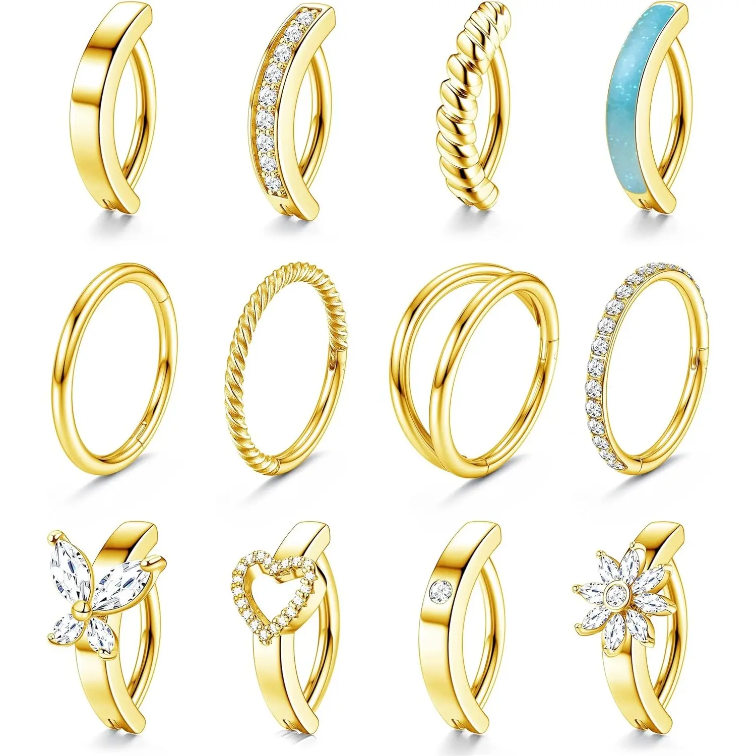 MILACOLATO 14G Surgical Steel Geometric Clicker Belly Piercing Set for Women - Cubic Zirconia Hoop, Reverse Navel Rings Summer Body Jewelry