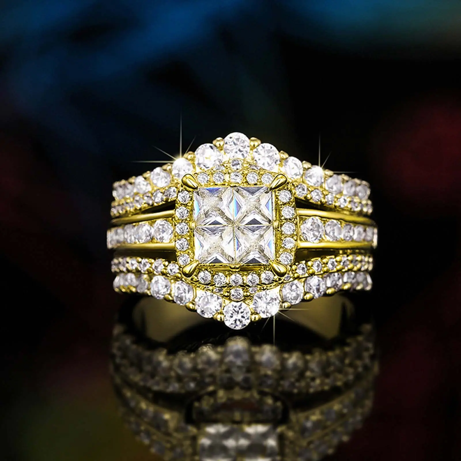 Women's Cubic Zirconia Double-Layer Stackable Ring, Square Shaped Patchwork Sparkling Ring, Fashion Engagement Wedding Jewelry, Ideal Gift for Female Partner