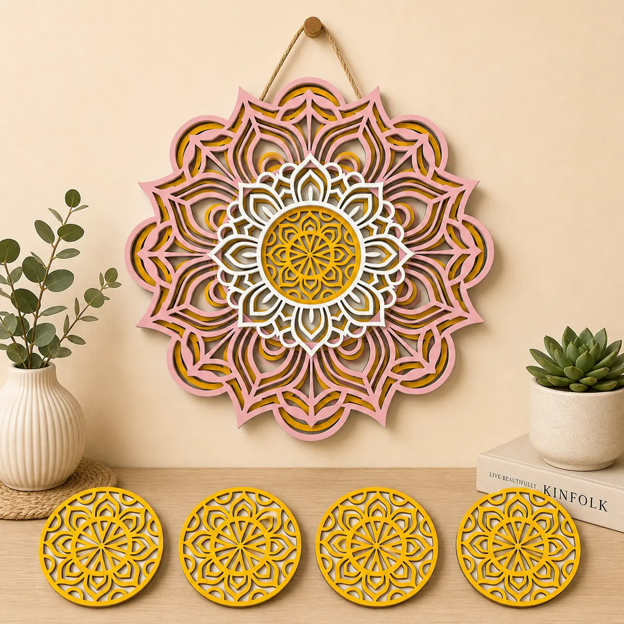 Layered Wood Mandala Wall Art & Coaster Gift Set