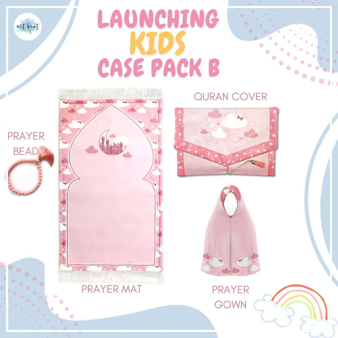 Kids Islamic Prayer Set for Girls – Pink Prayer Mat, Tasbih Beads, Quran Cover & Prayer Scarf | Perfect Gift for Ramadan, Eid, or Birthdays | Soft & Padded Salah Mat | Muslim Gift for Children | Cute Mosque & Cloud Design