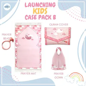 Kids Islamic Prayer Set for Girls – Pink Prayer Mat, Tasbih Beads, Quran Cover & Prayer Scarf | Perfect Gift for Ramadan, Eid, or Birthdays | Soft & Padded Salah Mat | Muslim Gift for Children | Cute Mosque & Cloud Design