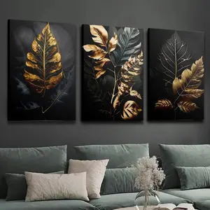 Wooden Framed Canvas Painting, 3 Counts Modern Leaf Pattern Wall Art,Black and Golden Leaves Wall Art Canvas Painting,Nordic Style Golden Leaves,Nordic Style Deep Golden Luxury Leaf Print, Wall Decor for Home Living Room Bedroom Office