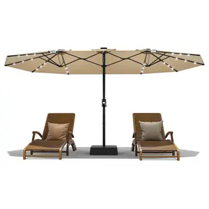 15 ft Rectangular Patio Umbrella with Base Included - Large Patio Umbrella with Crank Handle 36 LED Lights, UV Protection for Outdoor Market, Backyard, Deck, Pool,Beige Yellow