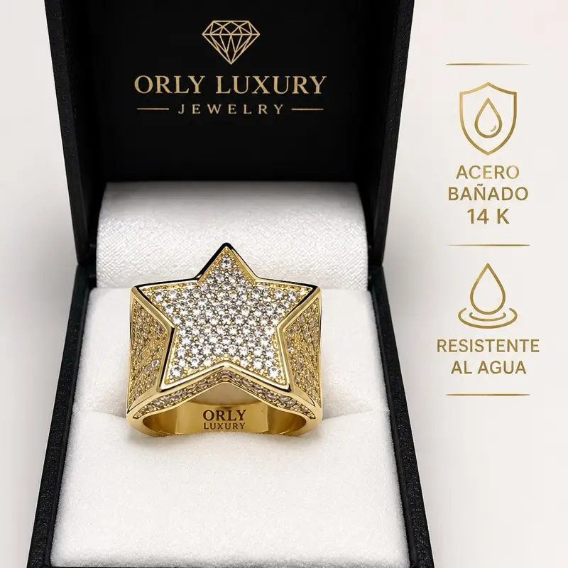 Orly Luxury Star Ring - 14K Gold-Plated Stainless Steel, Cubic Zirconia, Unisex, Water-Resistant, Multi-Size for Evening Wear