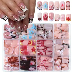 288pcs Short Square 3D Gel Nail Set, Mixed Colors, Easy Wear, Perfect for Summer, French Acrylic Press-On Nails, Women & Girls