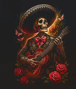 Halftone Skull Only for Black Fabric Ready to Press Heat Transfer DTF Transfer Direct to Film with Guitar Design