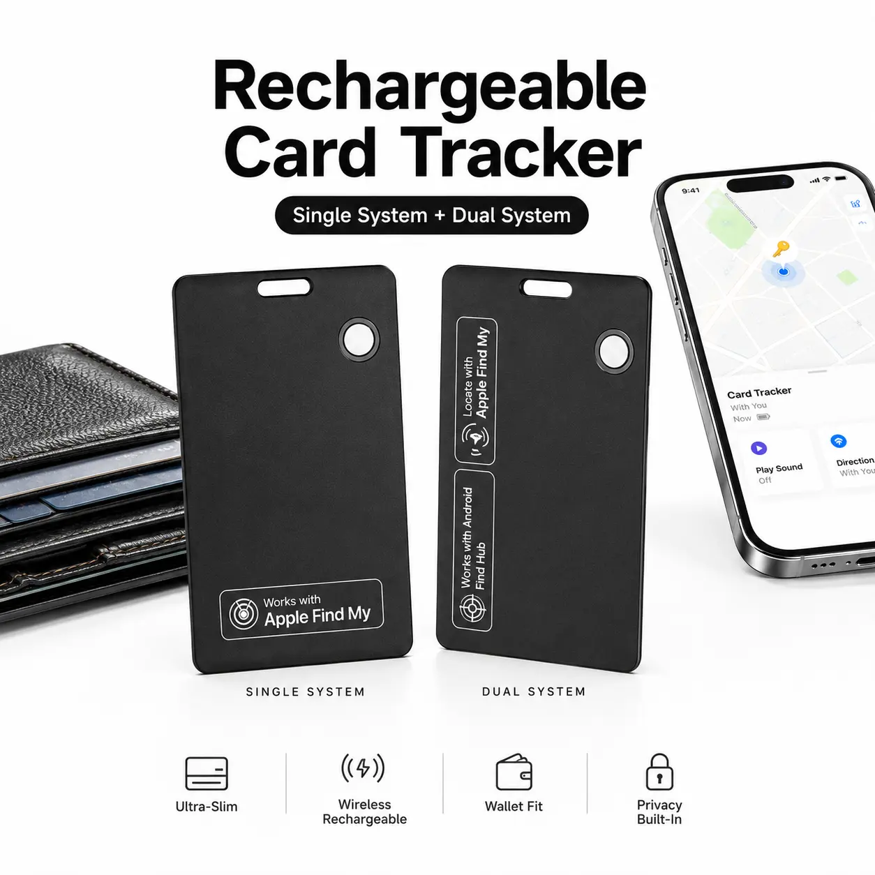 Wireless Rechargeable Card Tracker - Bluetooth Item Locator (Single/Dual System) for Wallet, Keys, Luggage, Compatible with Apple Find My & Android Find Hub