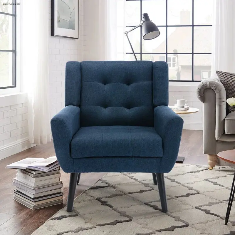 Corrigan Studio Tufted Upholstered Wide Back Armchair Navy Blue Linen
