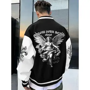 Men’s patchwork varsity jacket with angel and letter print, front button closure, casual drop-shoulder long sleeves, pockets—outerwear for fall and winter; men’s clothing for everyday wear