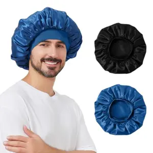 2 PCS Satin Silk Bonnet for Men Women Hair Bonnet for Sleeping Men with Elastic Band Large Silk Bonnet for Men Women Curly Hair Braids Black+Blue