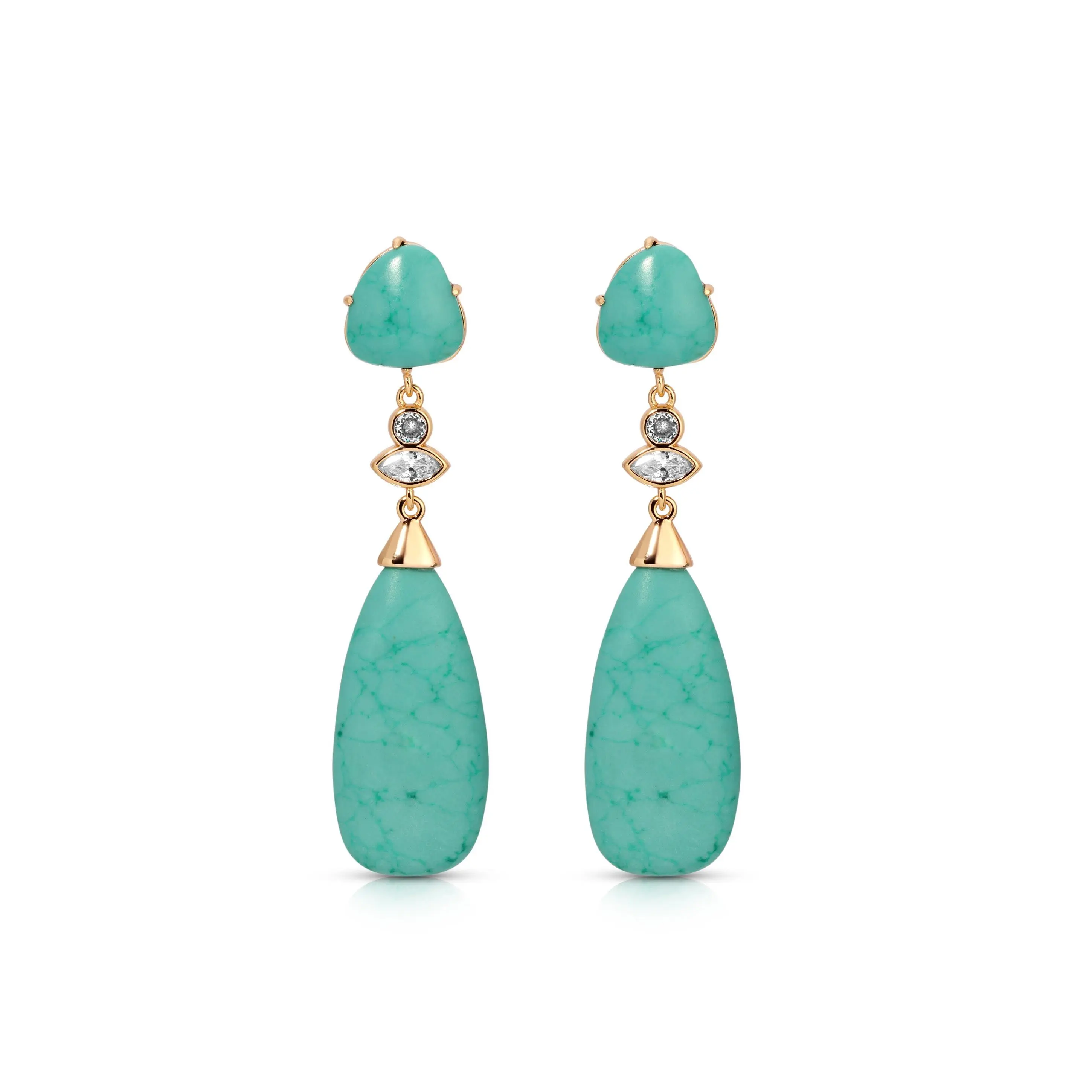 Ettika Turquoise Solstice Drop Earrings 18k Gold Plated Brass Reconstituted Turquoise & Cubic Zirconia 2.2" Length Post Closure Ettika Turquoise Solstice Drop Earrings 18k Gold Plated Brass Reconstituted Turquoise & Cubic Zirconia 2.2" Length Post Closure