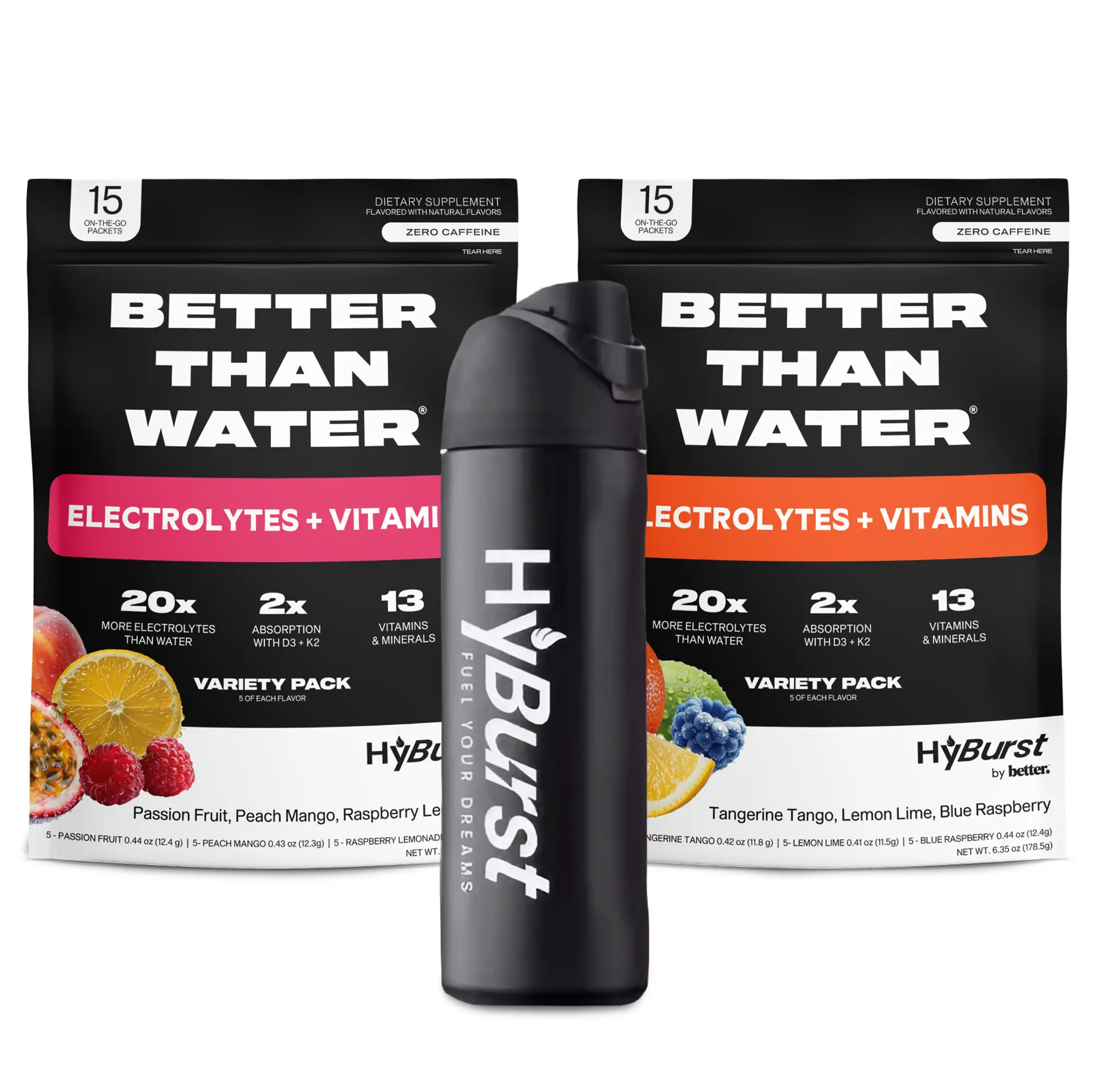 Wellness Starter Kit - 2 Better Than Water variety packs (1x Tropical, 1x Citrus) plus a FREE, 32oz, insulated water bottle