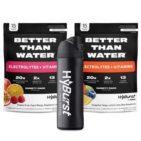 Wellness Starter Kit - 2 Better Than Water variety packs (1x Tropical, 1x Citrus) plus a FREE, 32oz, insulated water bottle