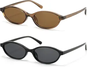 Retro Oval Cat Eye Sunglasses for Women Small Y2K Thin Frame Lightweight Vintage 90s Slim Sun Glasses