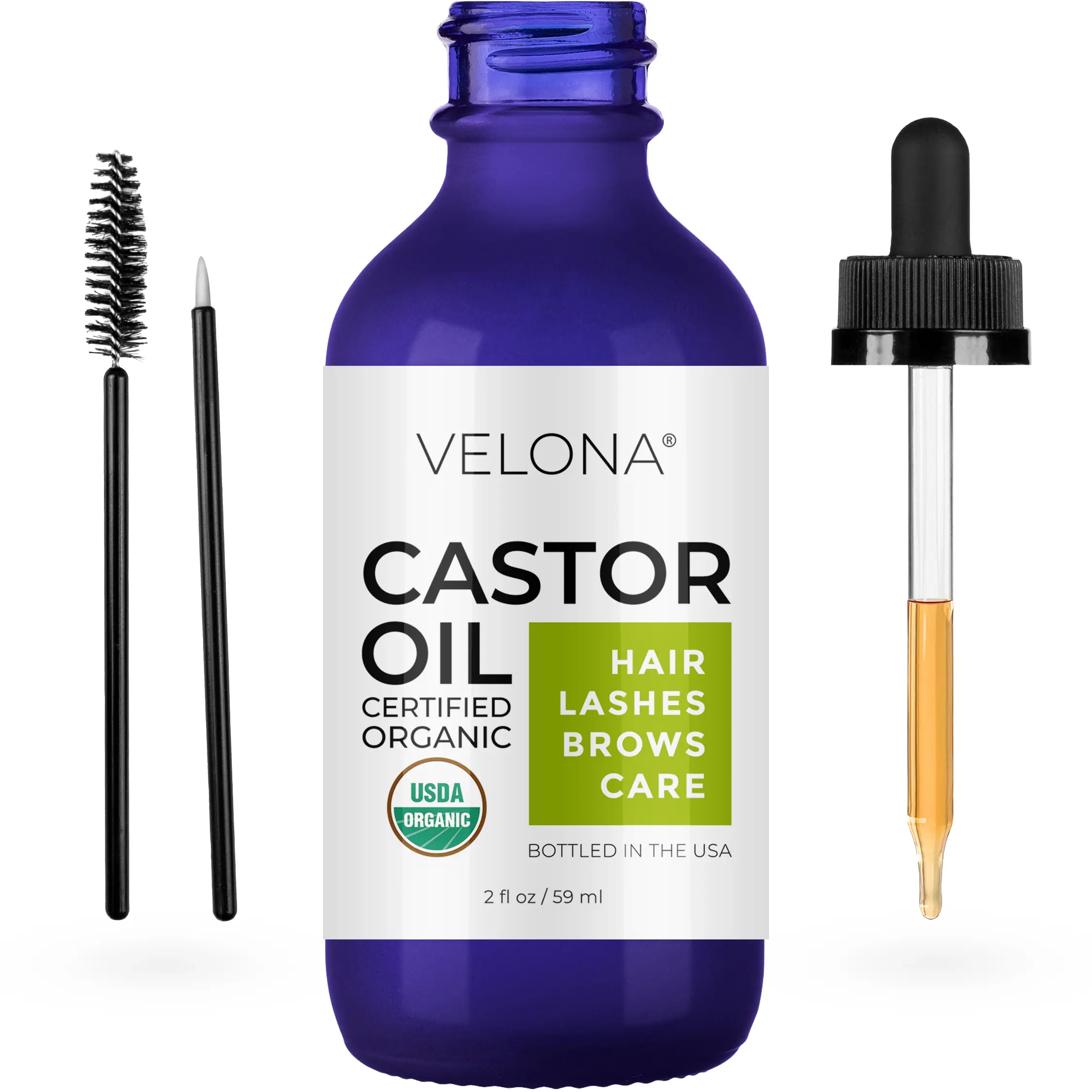 velona USDA Certified Organic Castor Oil - 2 fl oz | Stimulate Growth Eyelashes, Eyebrows, Hair | Cold pressed, Natural Oil, USP Grade | Hexane Free, Lash Boost Serum, Caster | Starter Kit…