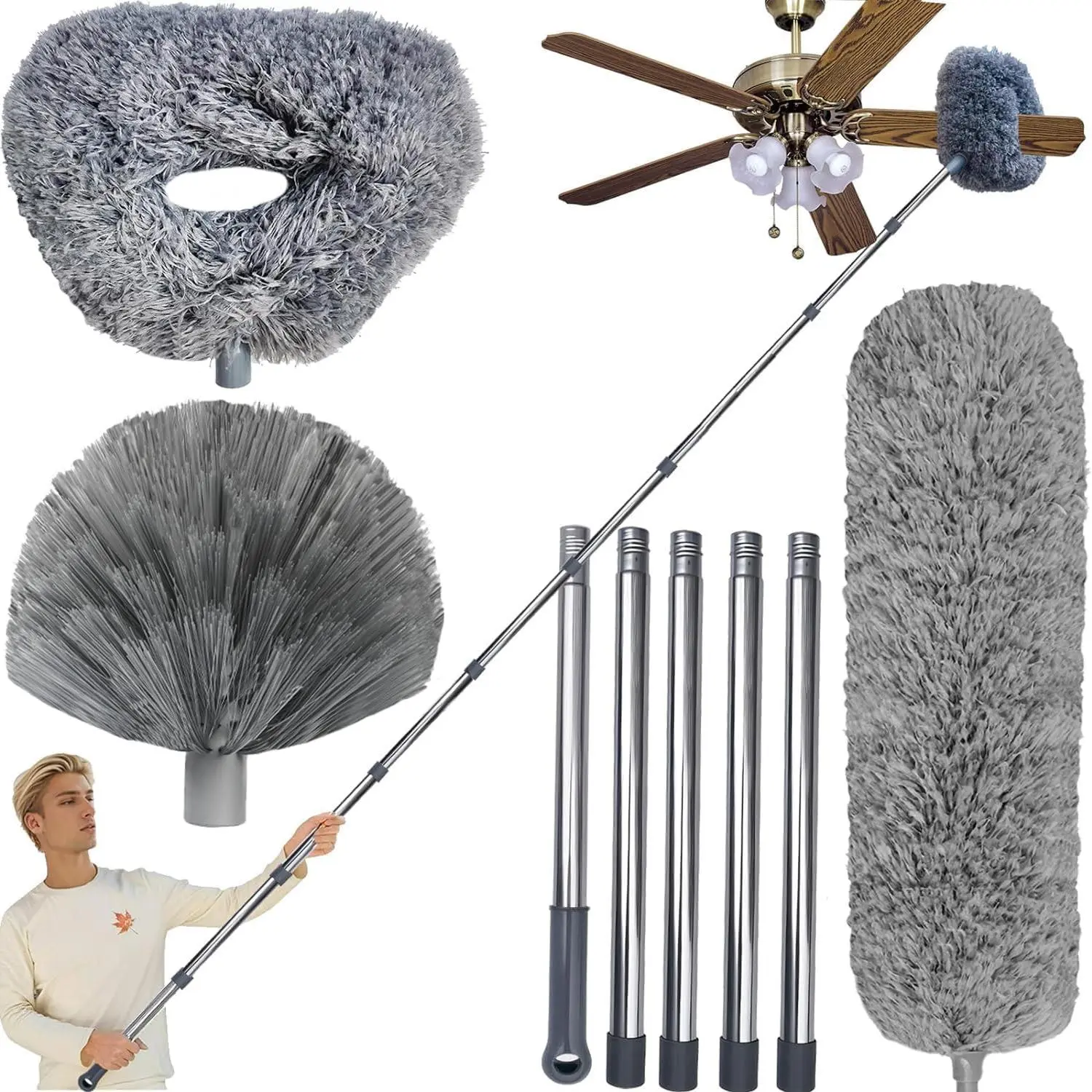20+ Ft High Reach Ceiling Fan Duster & Cobweb & Corner Brush Duster with 3-14 ft Spliceable Pole Microfiber  Duster for Spider Web, High Ceiling, Blinds, Furniture Cleaning Tool Kit