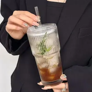 1pcs 600ml Covered Striped Reusable Glass Coffee Cup and Straw Transparent Cup, Used for Milk Juice Tea Cups, Iced Coffee Cups, and Beverage Glass Cups, Drinkware, Tumblers