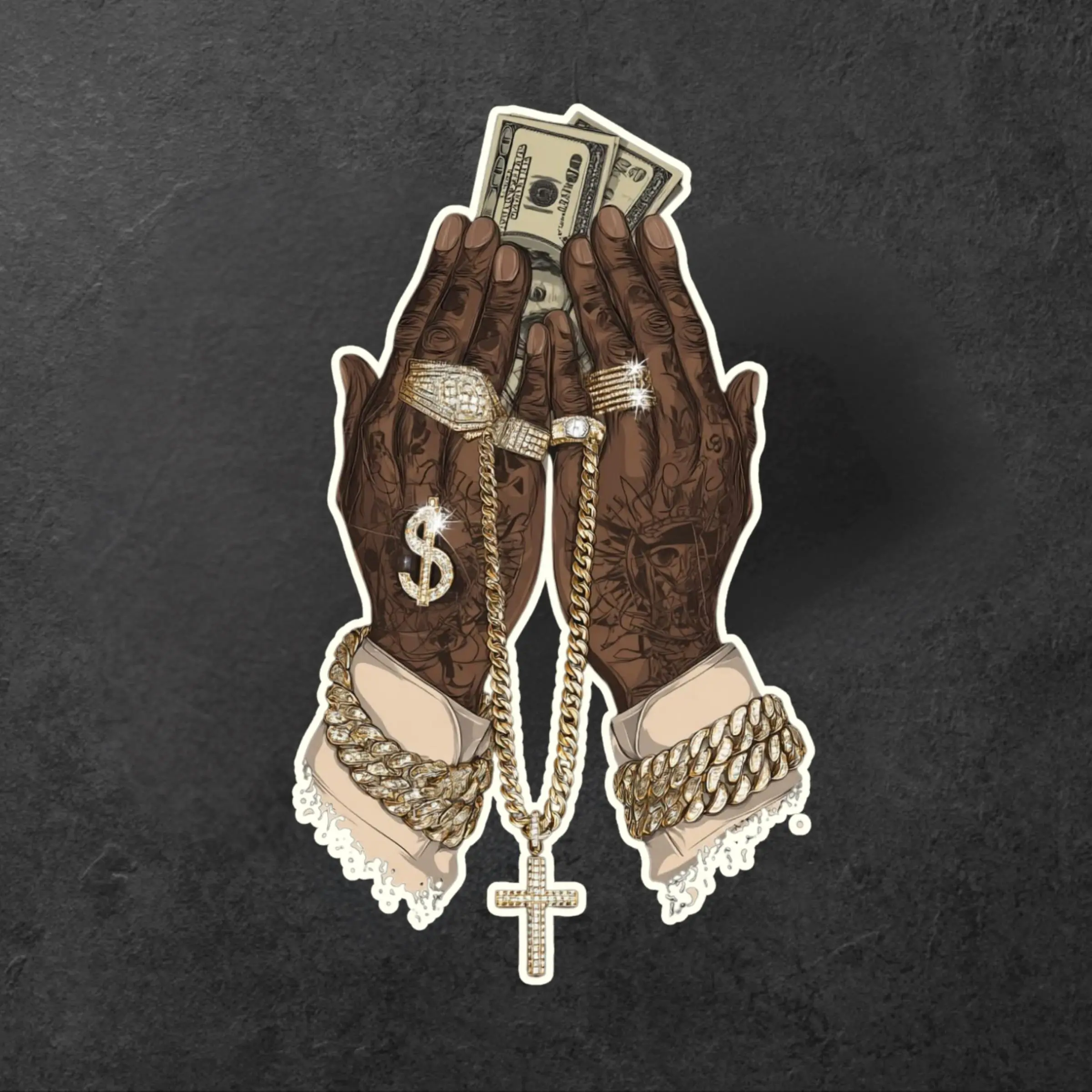 Tattooed Hands with Gold Chains and Cash Vinyl Sticker, Hip Hop Hustle Decal, Diamond Cross & Money Laptop Sticker, Streetwear Gift