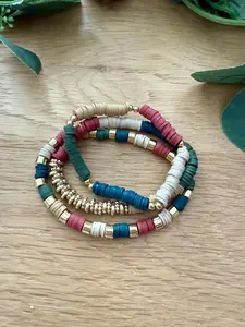 Handmade Clay Bead Bracelet Stack in Nature-Inspired Colors - Stretchy, No Clasp Design